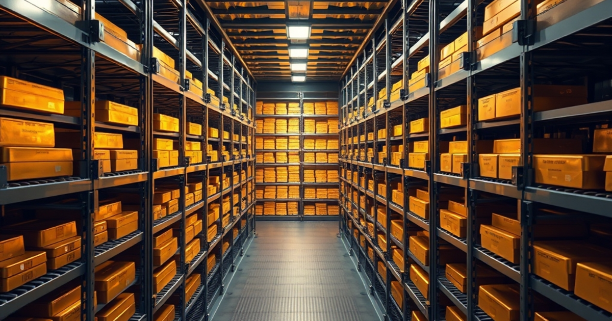Inside a secure bullion vault, steel shelves stacked with gold bars receding into the distance