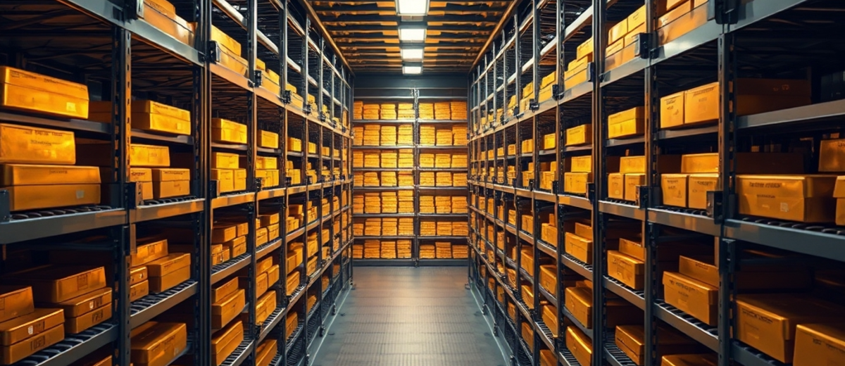 Inside a secure bullion vault, steel shelves stacked with gold bars receding into the distance