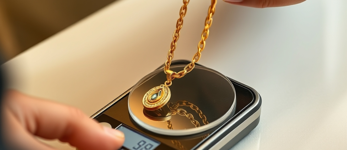 A jeweller weighing a gold necklace on a small digital scale, close-up of hands and the shining chain