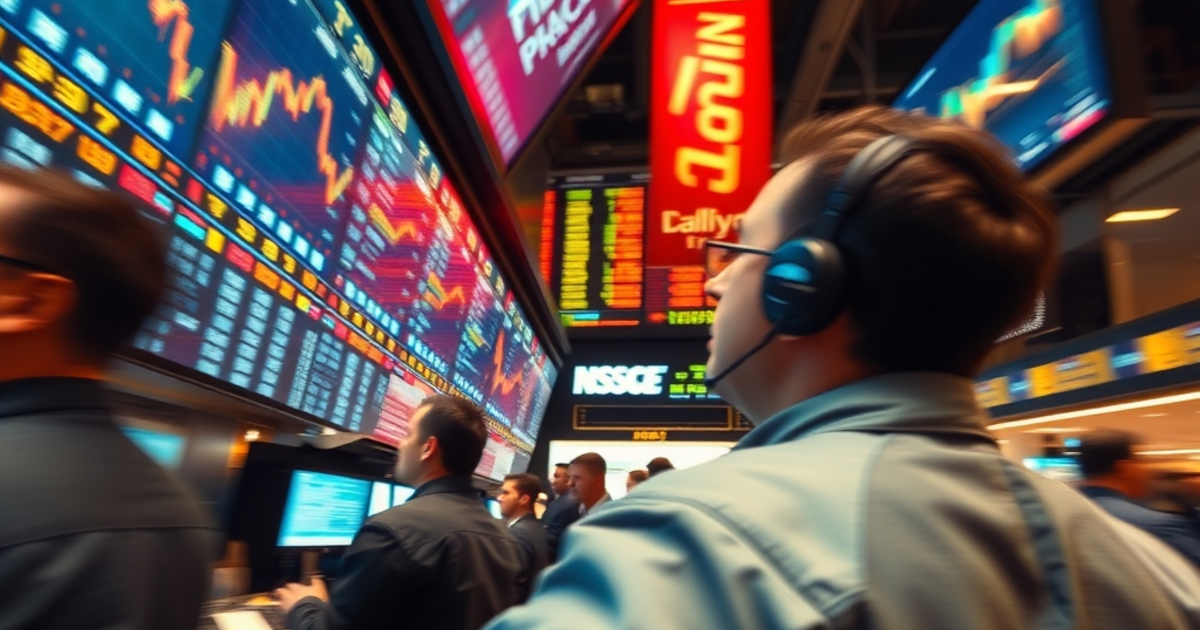 A trading floor with traders in jackets watching wall screens of price charts, motion blur, energetic
