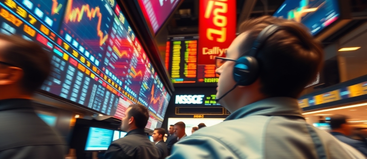 A trading floor with traders in jackets watching wall screens of price charts, motion blur, energetic