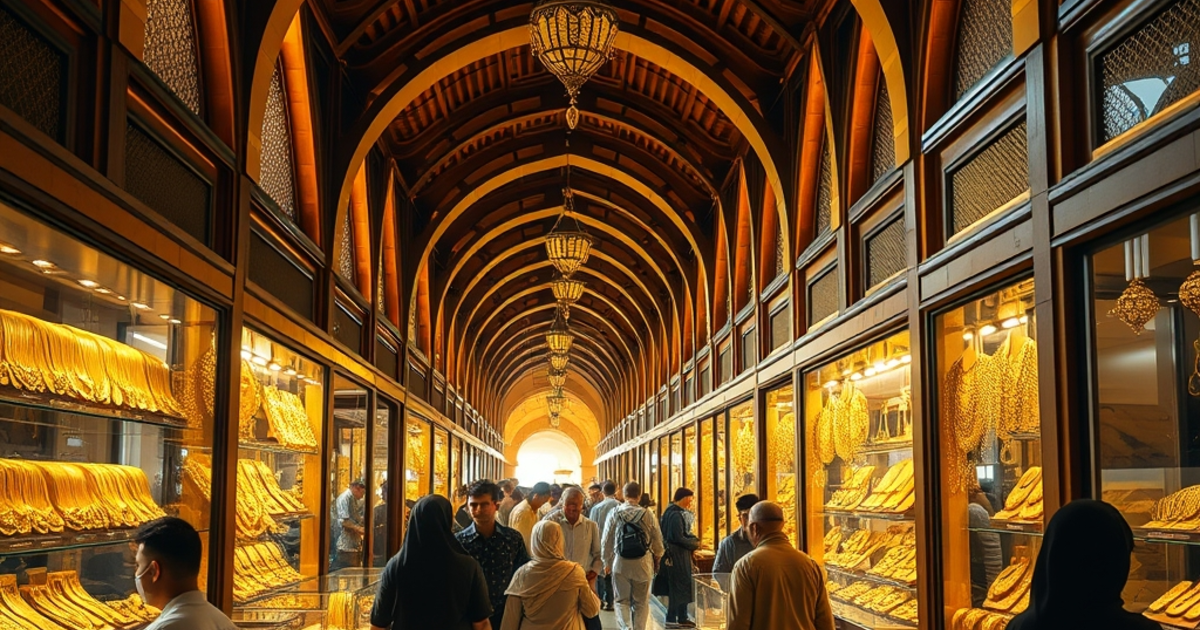 The Dubai Gold Souk, arched wooden arcades lined with windows full of gold jewellery, warm natural light, busy with people