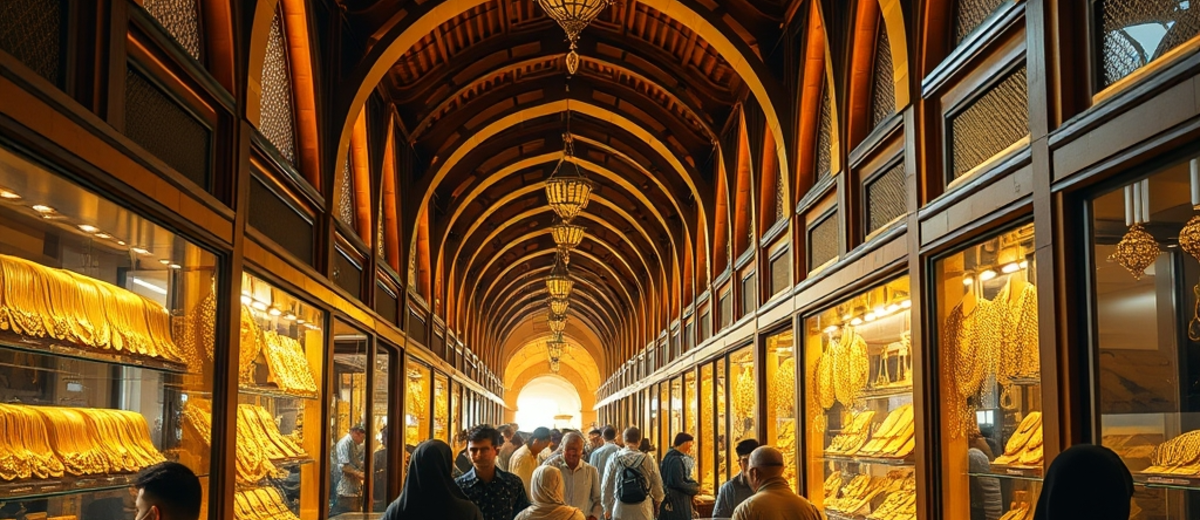 The Dubai Gold Souk, arched wooden arcades lined with windows full of gold jewellery, warm natural light, busy with people