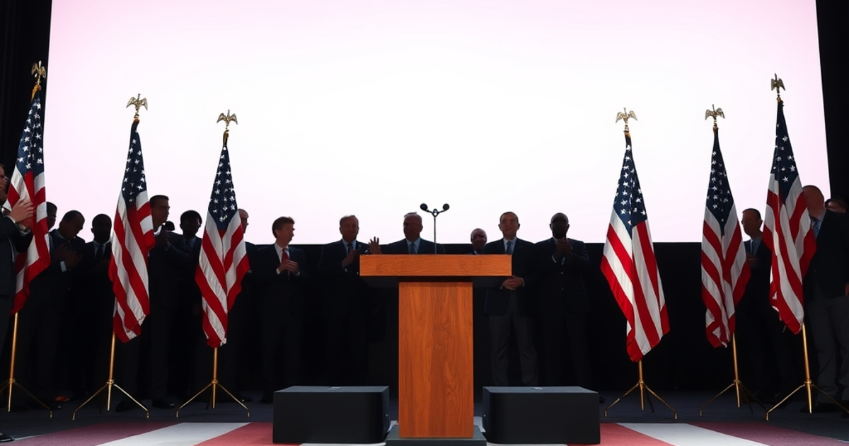 USA FLAGS and a press conference, stage is empty