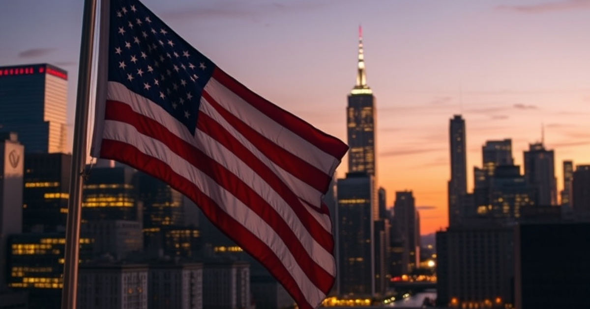 The Lower Manhattan skyline at dusk, an American flag in the foreground, cinematic wide shot