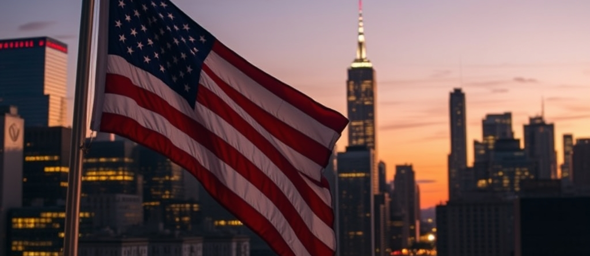 The Lower Manhattan skyline at dusk, an American flag in the foreground, cinematic wide shot