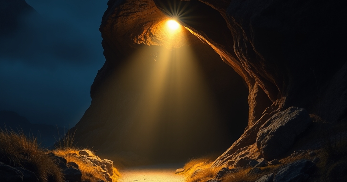undergound mine withh a torch light guiding the way