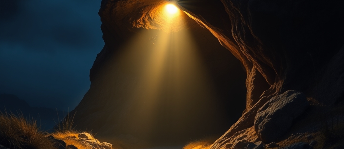 undergound mine withh a torch light guiding the way