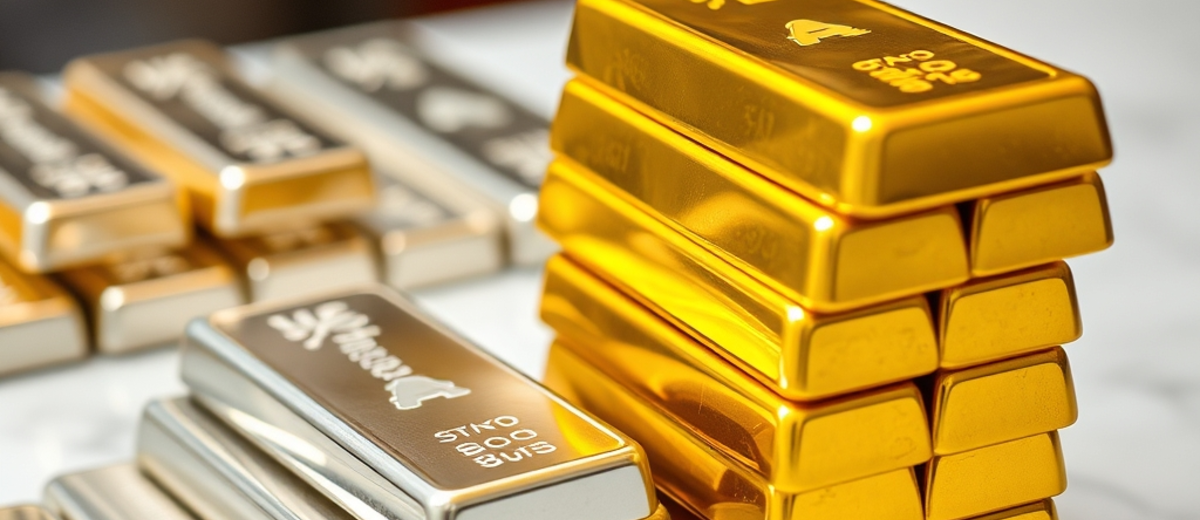 GOLD BARS STACKED AND SILVER BARS STACKED ON A TABLE NOTHING WRITTEN ON THE BARS