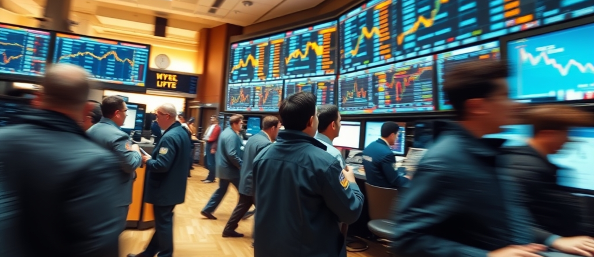 A trading floor with traders in jackets watching wall screens of price charts, motion blur, energetic