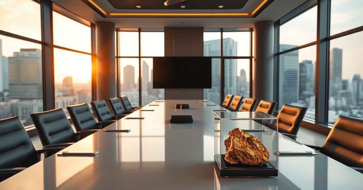 A corporate boardroom with a long table and a gold ore sample in a glass case, city view through the windows