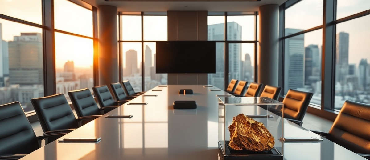A corporate boardroom with a long table and a gold ore sample in a glass case, city view through the windows