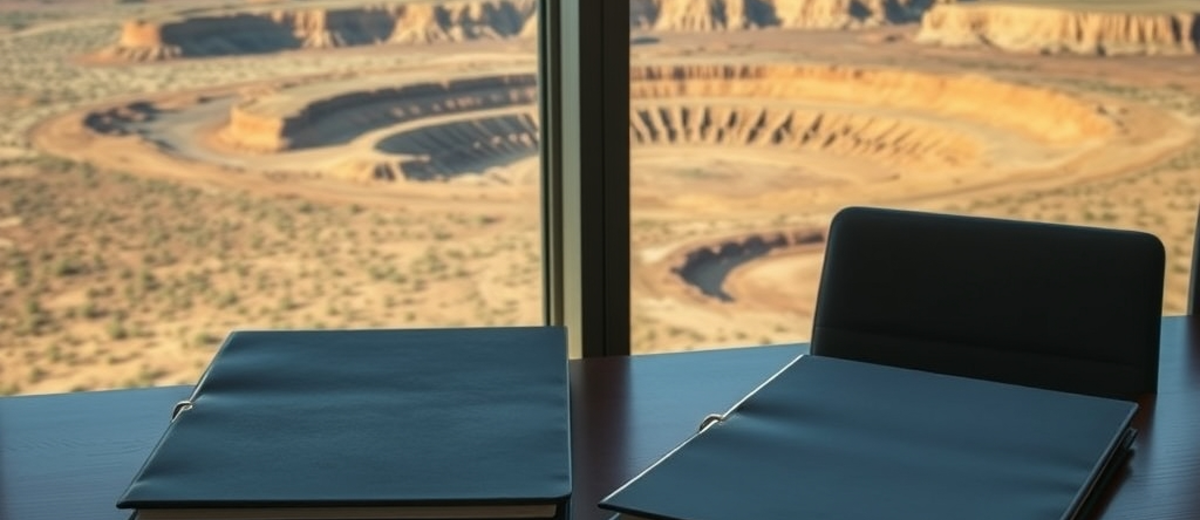 Two folders and a pen on a boardroom table beside a small gold bar, a vast open-pit gold mine in the Western Australian outback through the window