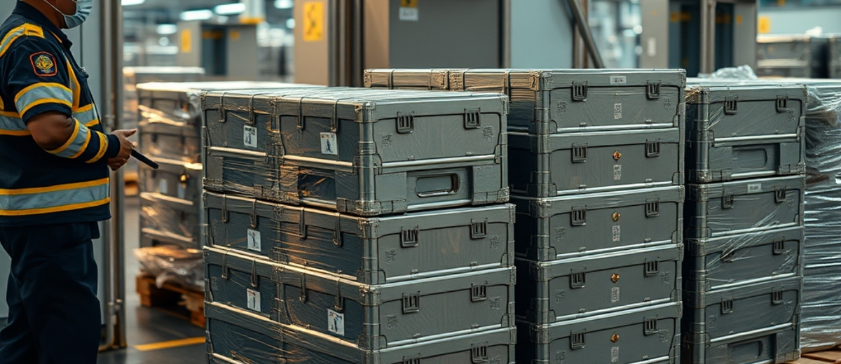 A secure cargo area at Mumbai airport, sealed metal cases on a pallet next to a customs officer