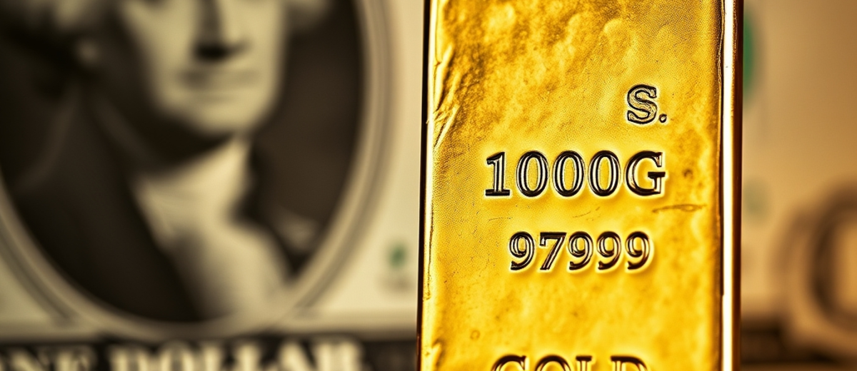 Macro still life of a vertically oriented gold bar dominating the right foreground, its hammered copper-gold surface engraved with “1000g,” “999.9,...
