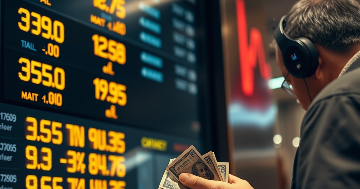 A currency exchange board in New York with glowing digital rates, a customer counting US dollar banknotes at the counter