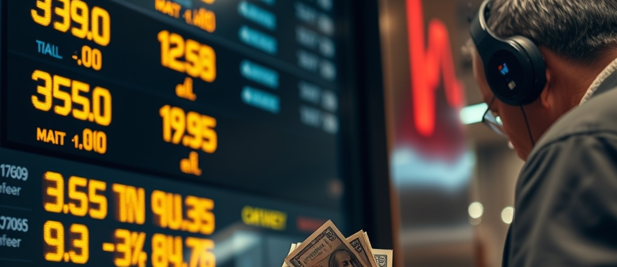 A currency exchange board in New York with glowing digital rates, a customer counting US dollar banknotes at the counter