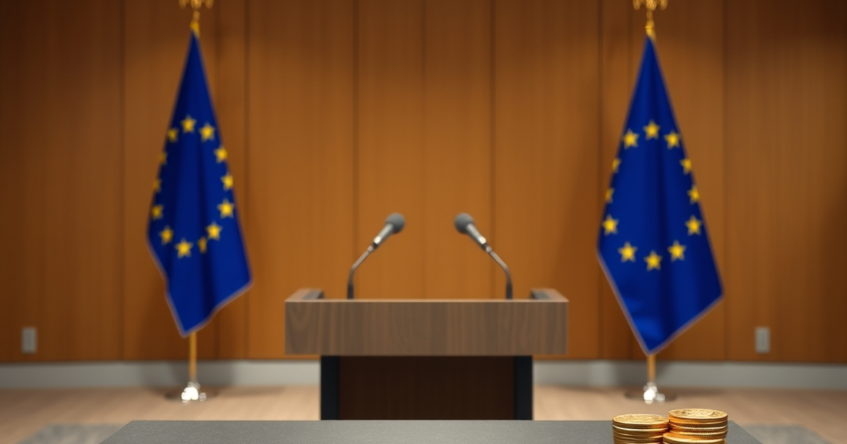 An empty press conference room with a podium and microphones in front of a European Union flag, a small stack of gold coins on the side table