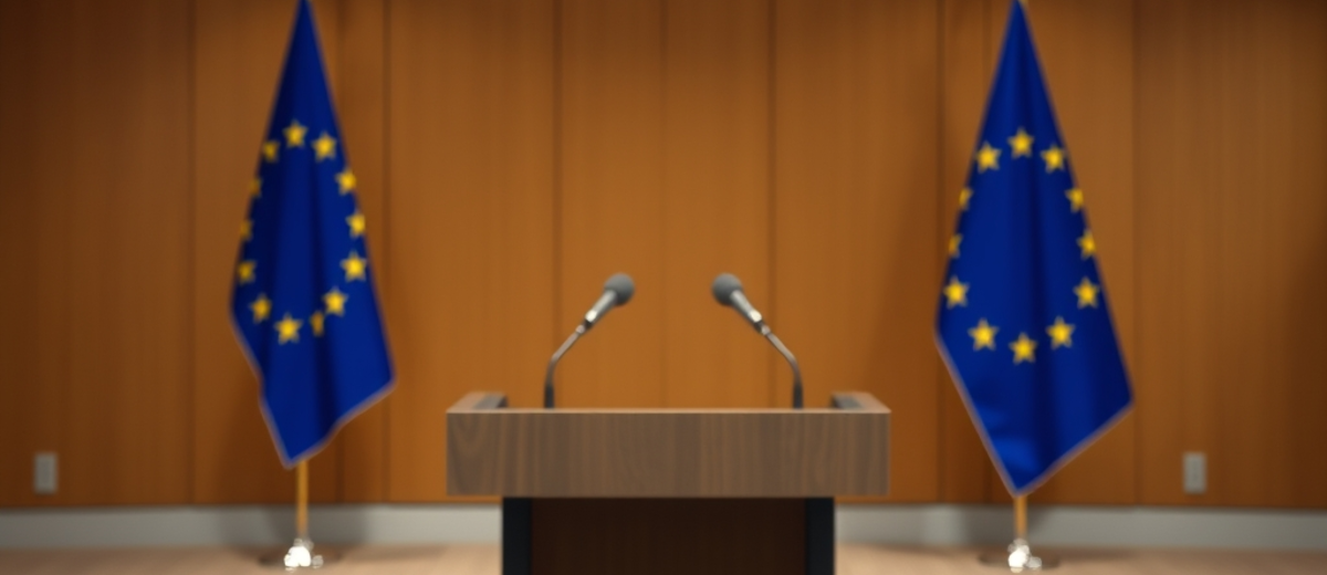 An empty press conference room with a podium and microphones in front of a European Union flag, a small stack of gold coins on the side table
